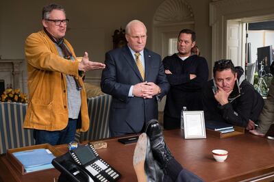 (L to R) Director Adam McKay, actor Christian Bale, producer Kevin Messick, and cinematographer Greig Fraser on the set of VICE, an Annapurna Pictures release. Credit : Matt Kennedy / Annapurna Pictures