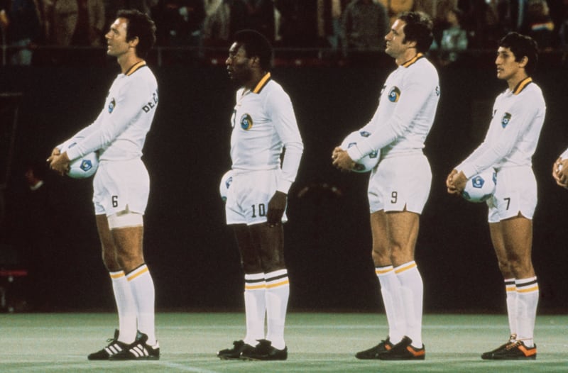 From left to right: Germany's Franz Beckenbauer, Brazil's Pele, Italy's Giorgio Chinaglia and Paraguay's Romerito line up for New York Cosmos in 1980. Getty Images