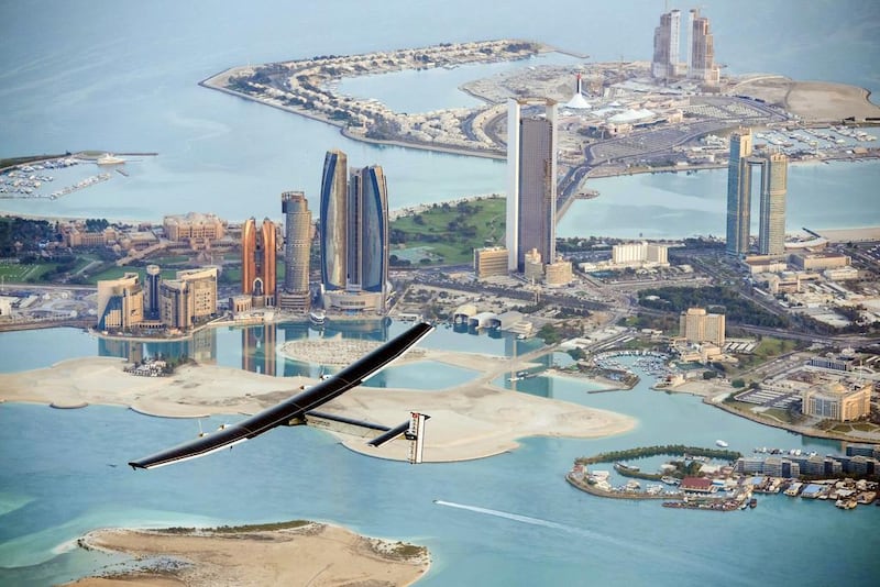 'Solar Impulse 2' on a test flight over Abu Dhabi on February 26, 2015.