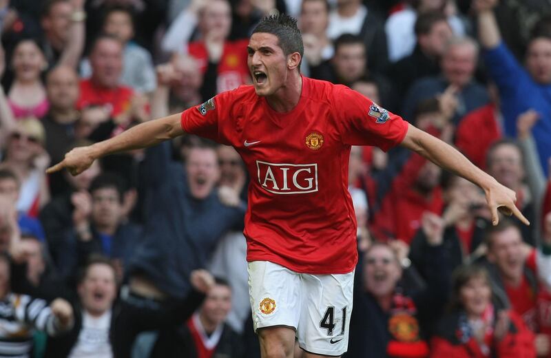 MANCHESTER, ENGLAND - APRIL 5: Federico Macheda of Manchester United celebrates scoring their third goal during the Barclays Premier League match between Manchester United and Aston Villa at Old Trafford on April 5 2009 in Manchester, England. (Photo by John Peters/Manchester United via Getty Images)