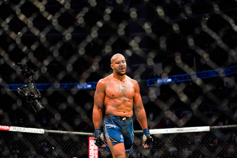 Ciryl Gane reacts after defeating Derrick Lewis in the third round. AFP