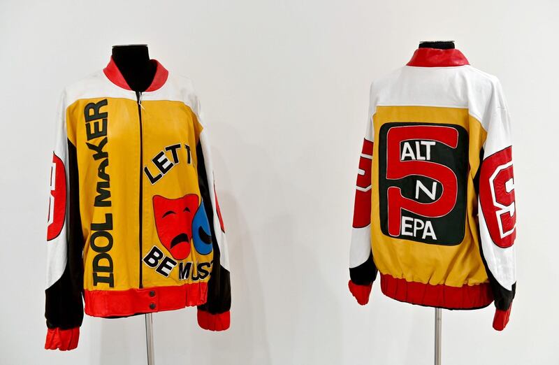 Salt-N-Pepa's personal 'Push It' jackets worn in the 2015 Geico Super Bowl Commercial are displayed during a press preview at Sotheby's. AFP