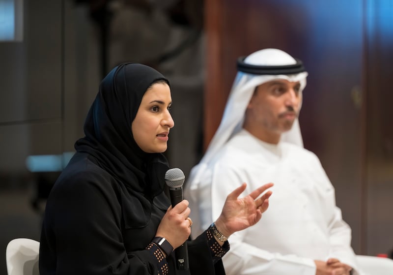 Ms Al Amiri and Ahmed Al Falasi, Minister of Education, at a media briefing on Tuesday. 