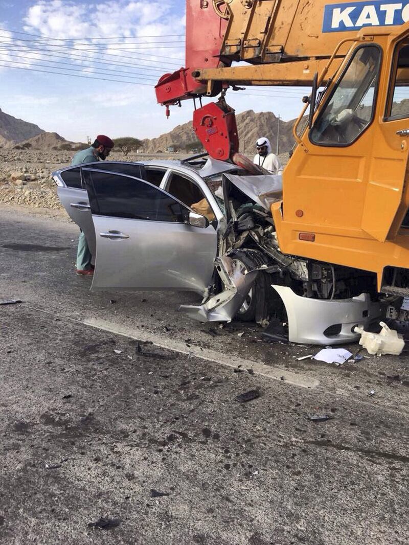 The male driver of this vehicle and a female were killed when it collided into a crane at the side of the road. RAK Police said the driver lost control, and urged other motorists to take care when around construction sites. Courtesy: RAK Police