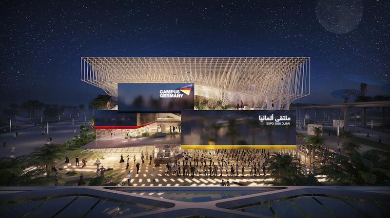 Der Deutsche Pavillon CAMPUS GERMANY bei Nacht: Frontansicht / The German Pavilion CAMPUS GERMANY by night: facade. Courtesy Koelnmesse GmbH, / Expo 2020 Dubai