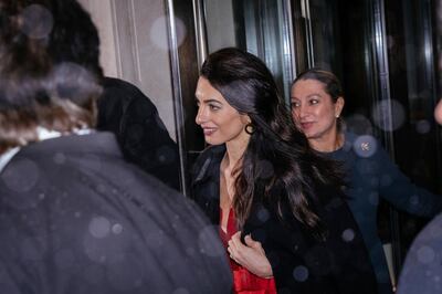 Amal Clooney leaves after attending the baby shower for Meghan, Duchess of Sussex, at The Mark Hotel, Wednesday, Feb. 20, 2019, in New York. (AP Photo/Kevin Hagen).