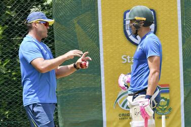 South Africa batting coach Jacques Kallis with Faf du Plessis during a training session in Pretoria. Getty Images