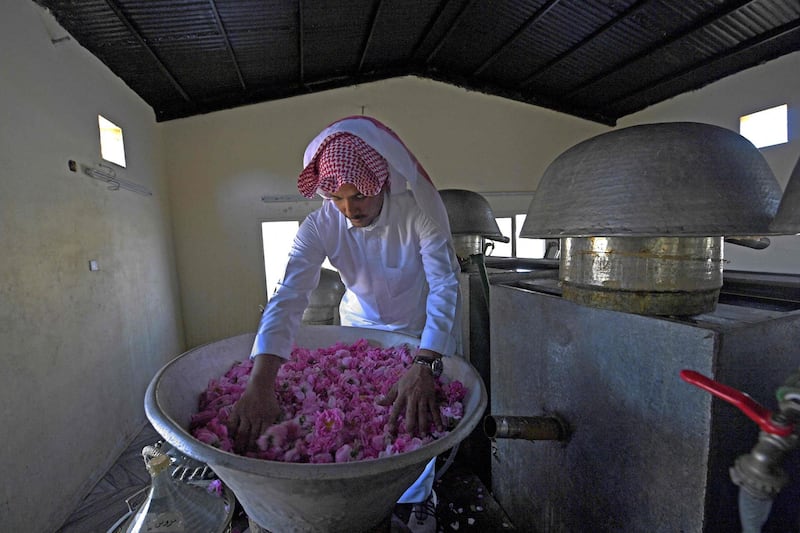 Salman pushes weighed roses into a copper vat ahead of the distillation process.  AFP