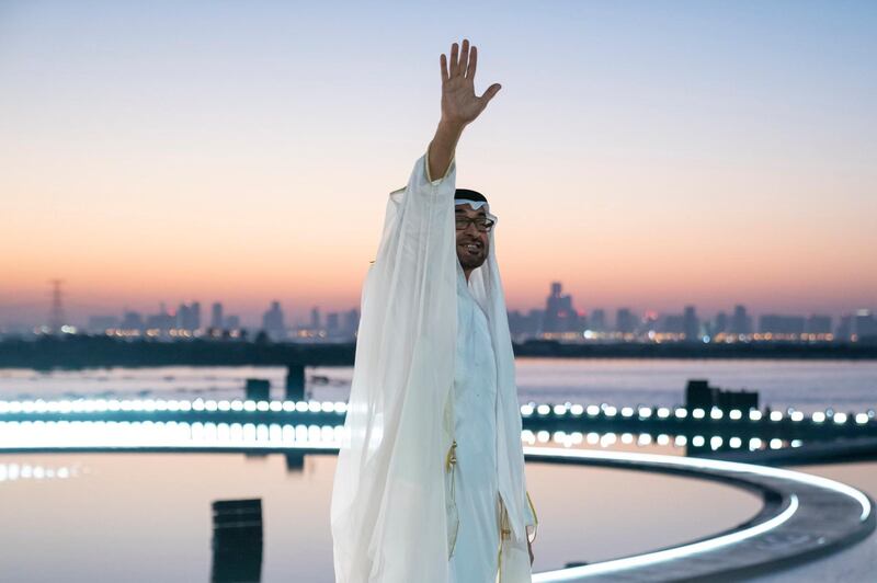 Sheikh Mohamed bin Zayed, Crown Prince of Abu Dhabi and Deputy Supreme Commander of the Armed Forces, attends the 'Seeds of the Union' National Day show at Jubail Mangrove Park. Courtesy: Sheikh Mohamed bin Zayed Twitter