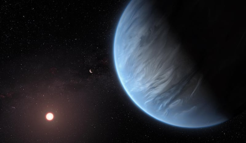 epa07835758 A handout photo made available by the European Space Agency (ESA) on 11 September 2019 shows an artist's impression of the planet K2-18b, it's host star and an accompanying planet in this system. K2-18b is now the only super-Earth exoplanet known to host both water and temperatures that could support life. UCL researchers used archive data from 2016 and 2017 captured by the NASA/ESA Hubble Space Telescope and developed open-source algorithms to analyse the starlight filtered through K2-18b’s atmosphere. The results revealed the molecular signature of water vapour, also indicating the presence of hydrogen and helium in the planet’s atmosphere.  EPA/ESA/Hubble, M. Kornmesser / HANDOUT  HANDOUT EDITORIAL USE ONLY/NO SALES