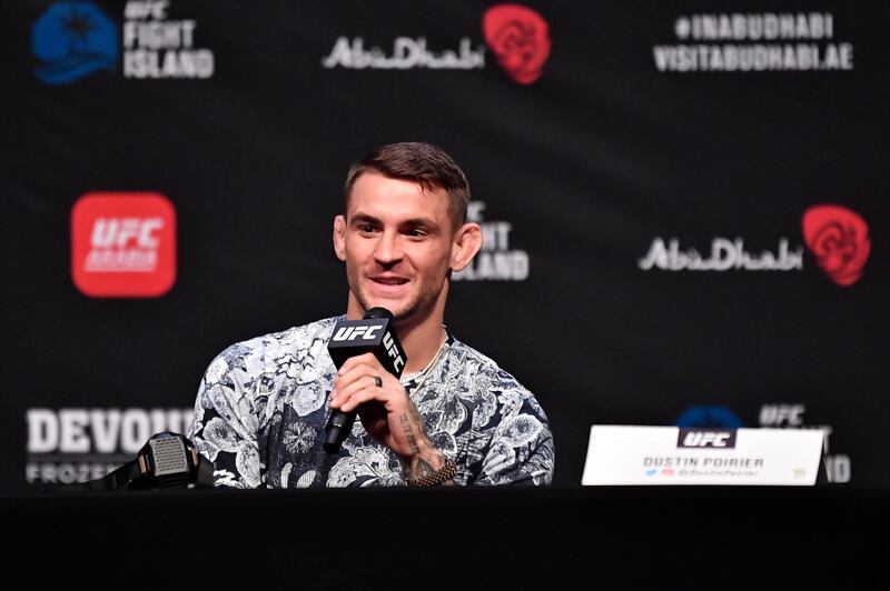 ABU DHABI, UNITED ARAB EMIRATES - JANUARY 21:  Dustin Poirier interacts with media during the UFC 257 press conference event inside Etihad Arena on UFC Fight Island on January 21, 2021 in Yas Island, Abu Dhabi, United Arab Emirates. (Photo by Jeff Bottari/Zuffa LLC via Getty Images)