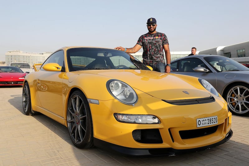 DUBAI, UNITED ARAB EMIRATES, August 31 – 2018 :- Martin Alva with his Porsche GT3 at the Dubai Autodrome in Dubai. Members and Guests of the Ninth Degree supercars club driving their cars during the Ninth Degree supercars club meet held at Dubai Autodrome in Dubai. ( Pawan Singh / The National )  For Motoring. Story by Adam Workman