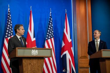 UK Foreign Secretary, Dominic Raab, right, and US Secretary of State, Antony Blinken hold a joint press conference at Downing Street, London. Getty.