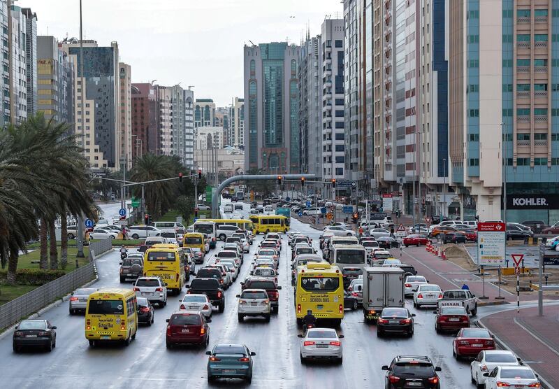 Abu Dhabi, UAE, February 25, 2018.     Traffic build up on the Muroor Road because of the rains.
 Victor Besa / The National
National