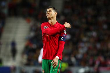 Portugal's Cristiano Ronaldo reacts during the FIFA World Cup Qatar 2022 play-off qualifying soccer match between Portugal and Turkey held on Dragao stadium in Porto, Portugal, 24 March 2022.   EPA / JOSE COELHO
