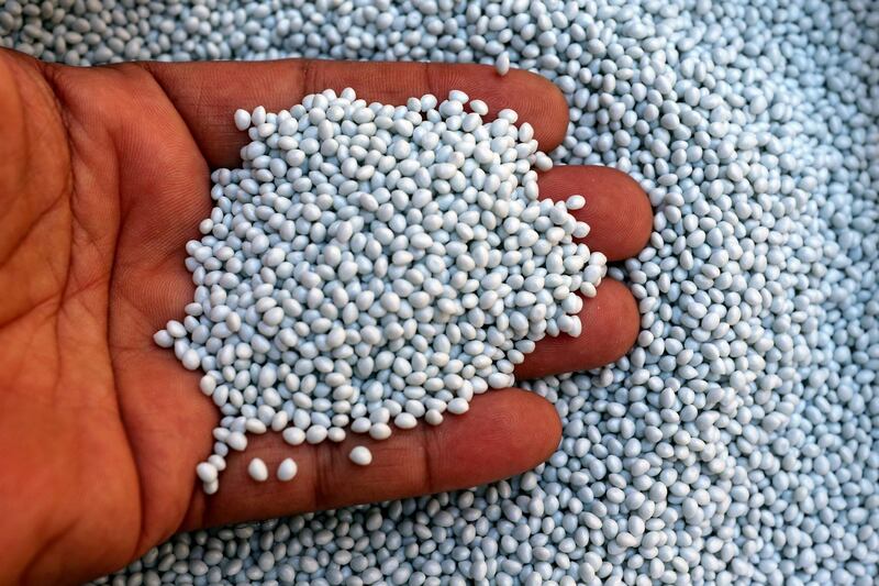 Recycled plastic waste in Giza is turned into these pellets. Reuters