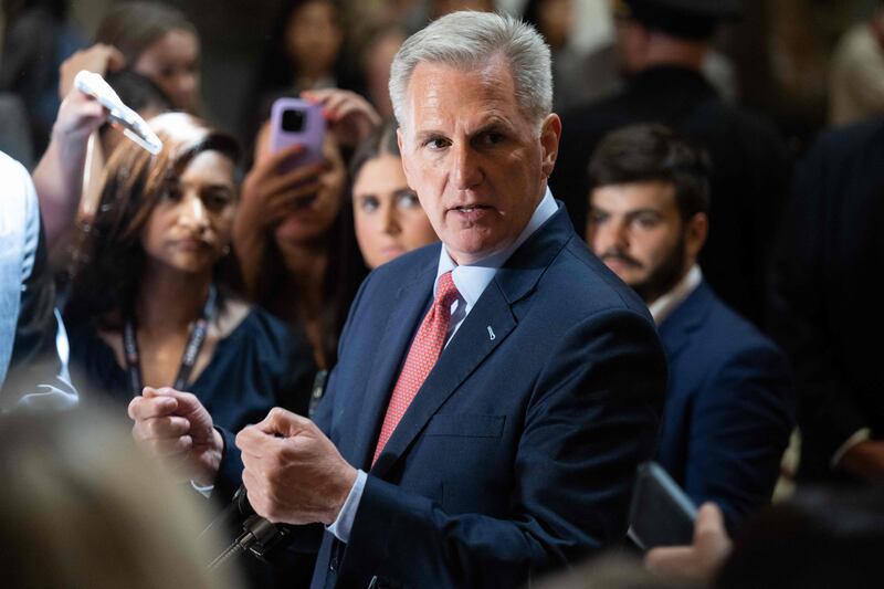 US House Speaker Kevin McCarthy talks to the press about the debt ceiling negotiations at the US Capitol in Washington. AFP