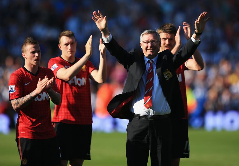 Sir Alex Ferguson is applauded by players after his 1,500th and final match in charge of the club in 2013. Manchester United were crowned Premier League champions as Ferguson retired, but have not won the league since