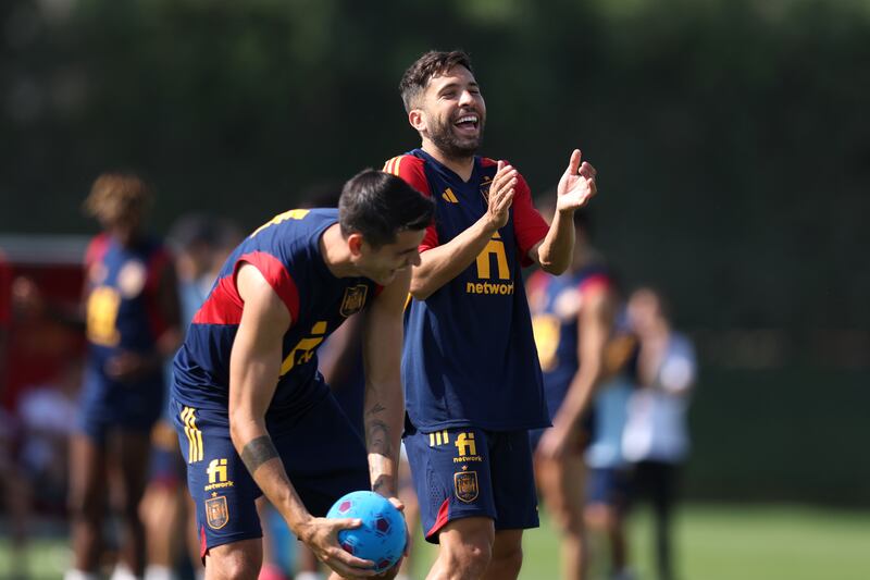 Jordi Alba smiles during Spain's training session at Qatar University in Doha. Getty Images
