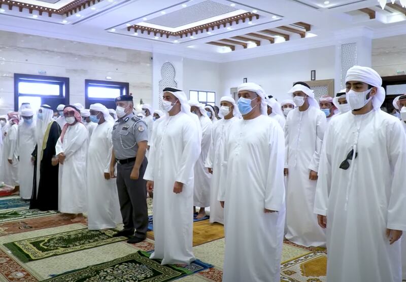 Sheikh Saif bin Zayed, Deputy Prime Minister and Minister of Interior, attends the funeral of pilot Lt Nasser Mohammed Al Rashidi. Photo: Wam