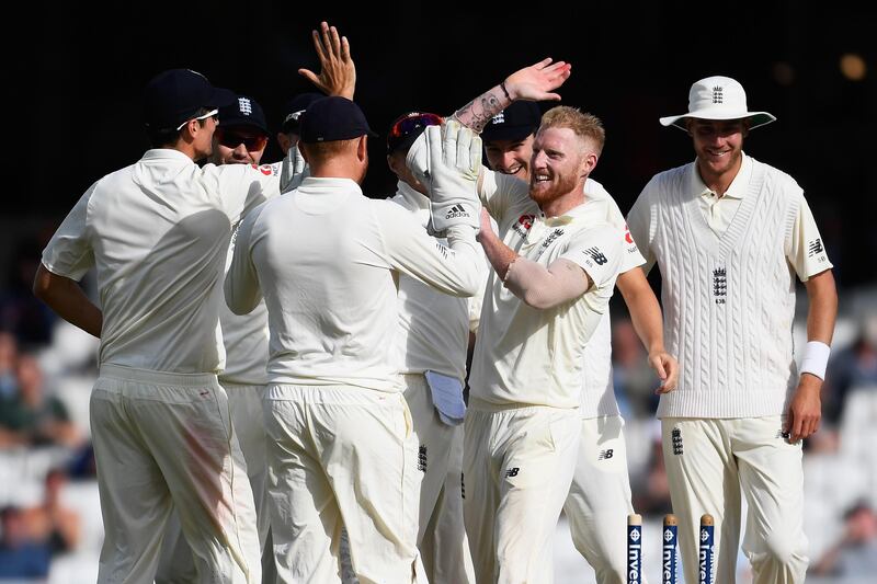 LONDON, ENGLAND - JULY 30:  Ben Stokes of England celebrates with team mates after dismissing Quinto de Kock of South Africa during Day Four of the 3rd Investec Test between England and South Africa at The Kia Oval on July 30, 2017 in London, England.  (Photo by Mike Hewitt/Getty Images)