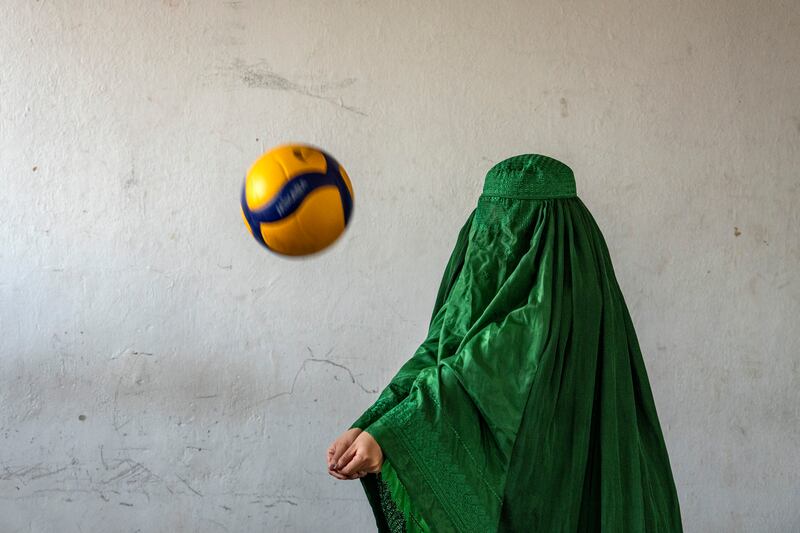An Afghan woman plays volleyball. The Taliban’s Sports Organisation and National Olympic Committee has said the authorities are looking for ways to restart sports for women.