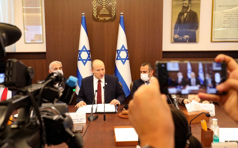 Israeli Prime Minister Naftali Bennett heads a weekly cabinet meeting at his office in Jerusalem. EPA