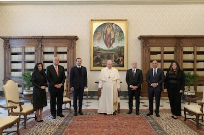 Pope Francis meets with Lebanese Prime Minister designate Saad al-Hariri at the Vatican, April 22, 2021. Vatican Media/­Handout via REUTERS    ATTENTION EDITORS - THIS IMAGE WAS PROVIDED BY A THIRD PARTY.