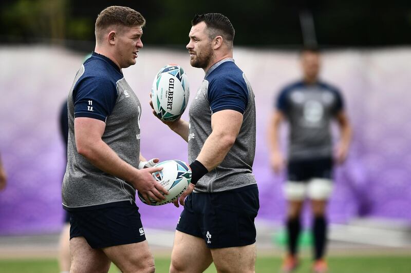 Ireland's props Tadhg Furlong (L) and Cian Healy take part in a training session at the Arcs Urayasu Park in Urayasu on October 15, 2019, during the Japan 2019 Rugby World Cup. 
 / AFP / Anne-Christine POUJOULAT
