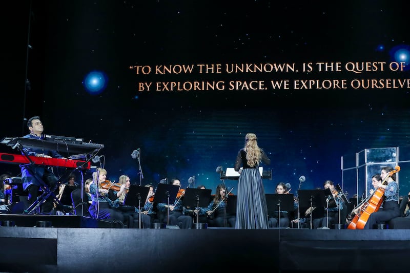 The Firdaus Orchestra, an all-women musical ensemble led by Academy and Grammy Award-winning composer AR Rahman, performs at the Jubilee Stage during Expo 2020 Dubai with a tribute to space explorers. Khushnum Bhandari/ The National