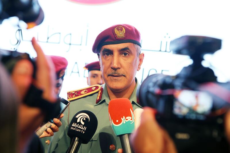 ABU DHABI , UNITED ARAB EMIRATES , JULY 24 – 2017 :- Mohammed K Al Romaithi , Deputy Commander – in Chief of Abu Dhabi Police speaking to the media personals after the launch of new logo of Abu Dhabi Police at the Armed Forces Officers Club in Abu Dhabi . ( Pawan Singh / The National ) Story by Haneen