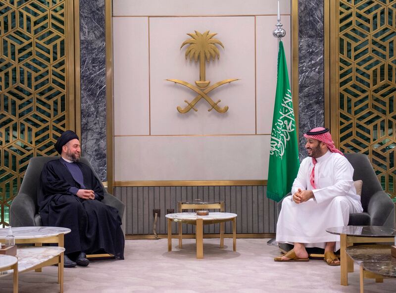 Saudi Crown Prince Mohammed bin Salman receives the leader of Iraq's National Wisdom Movement, Ammar Al Hakim, in the Saudi coastal city of Jeddah. AFP