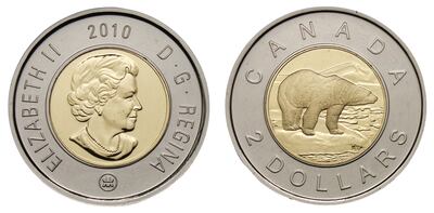 Canada's two-dollar coin, widely known as the 'toonie', still features Queen Elizabeth II's likeness. Photo: Public domain via Wikimedia Commons
