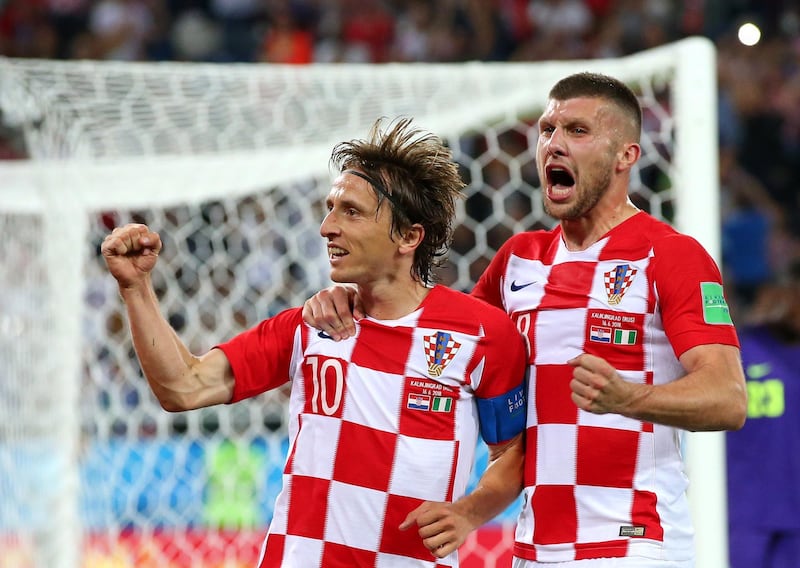 KALININGRAD, RUSSIA - JUNE 16:  Luka Modric of Croatia celebrates with Ante Rebic after scoring from a penalty for his sides second goal during the 2018 FIFA World Cup Russia group D match between Croatia and Nigeria at Kaliningrad Stadium on June 16, 2018 in Kaliningrad, Russia.  (Photo by Alex Livesey/Getty Images)