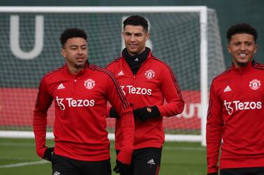 MANCHESTER, ENGLAND - APRIL 13: (EXCLUSIVE COVERAGE) Jadon Sancho, Cristiano Ronaldo, Jesse Lingard of Manchester United in action during a first team training session at Carrington Training Ground on April 13, 2022 in Manchester, England. (Photo by Tom Purslow/Manchester United via Getty Images)