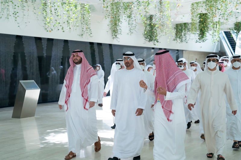 Sheikh Mohamed bin Zayed tours the Saudi pavilion at Expo 2020 Dubai.