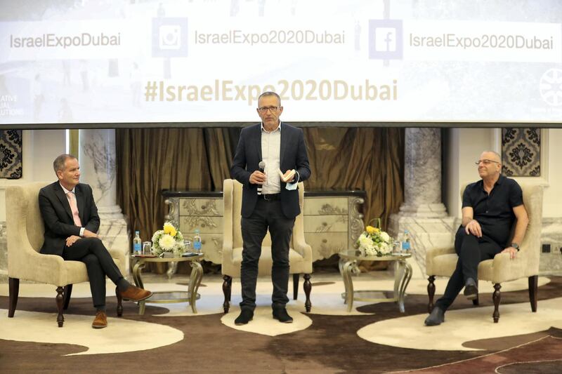 Left to Right- Ilan Sztulman, Israel Consul General Dubai Consulate, Elazar Cohen, Commissioner General and Josh Bendit, Israel pavilion director speaking during the press conference of Israel plans for Expo2020 Dubai held at Al Habtoor Palace in Dubai on June 9,2021. Pawan Singh / The National. Story by Neil Halligan 