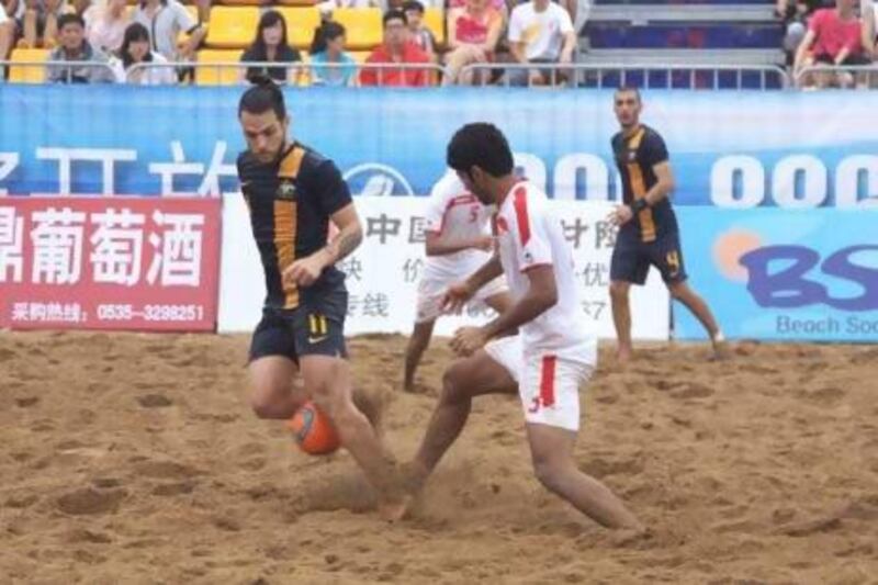 The UAE missed out on a few scoring chances but managed to beat Australia in their final group game yesterday in China. Courtesy Beach Soccer World Wide