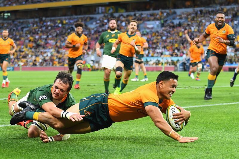 Australia's Len Ikitau scores a try during the Rugby Championship match against South Africa Springboks at Suncorp Stadium in Brisbane on Saturday, September 18. Getty