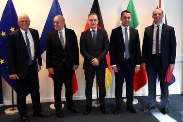 EU High Representative for Foreign Affairs and Security Policy Josep Borrell, French Foreign Minister Jean-Yves Le Drian, German Foreign Minister Heiko Maas, Italy's Foreign Minister Luigi Di Maio and Britain's Foreign Secretary Dominic Raab attend a meeting to discuss Libya's crisis in Brussels, Belgium Reuters