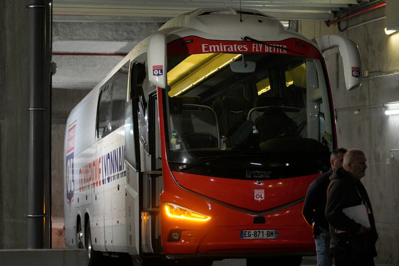 The Lyon team bus arriving at the Velodrome Stadium after being attacked by fans ahead of the Ligue 1 game against Marseille that was eventually called off. AP