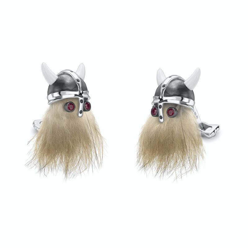 Hairy viking skull with black spinel helmet and ruby eye cufflinks; Dh3,615