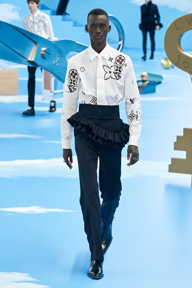 The Louis Vuitton motif was lazercut onto a work shirt. 