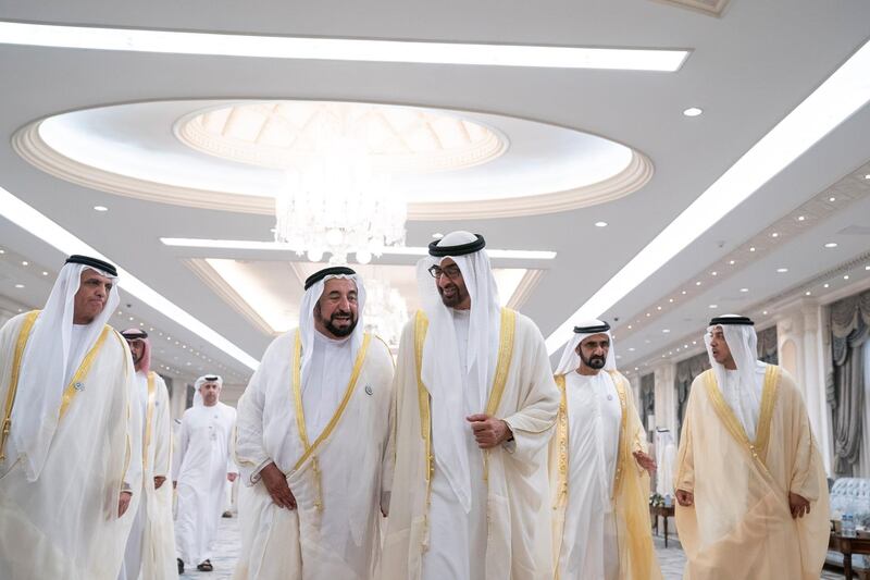 ABU DHABI, UNITED ARAB EMIRATES - August 21, 2018: HH Sheikh Saud bin Saqr Al Qasimi, UAE Supreme Council Member and Ruler of Ras Al Khaimah (L), HH Dr Sheikh Sultan bin Mohamed Al Qasimi, UAE Supreme Council Member and Ruler of Sharjah (2nd L), HH Sheikh Mohamed bin Zayed Al Nahyan, Crown Prince of Abu Dhabi and Deputy Supreme Commander of the UAE Armed Forces (3rd L), HH Sheikh Mohamed bin Rashid Al Maktoum, Vice-President, Prime Minister of the UAE, Ruler of Dubai and Minister of Defence (4th L) and HH Sheikh Mansour bin Zayed Al Nahyan, UAE Deputy Prime Minister and Minister of Presidential Affairs (R), attend an Eid Al Adha reception at Mushrif Palace. 


( Hamad Al Kaabi / Crown Prince Court - Abu Dhabi )
---