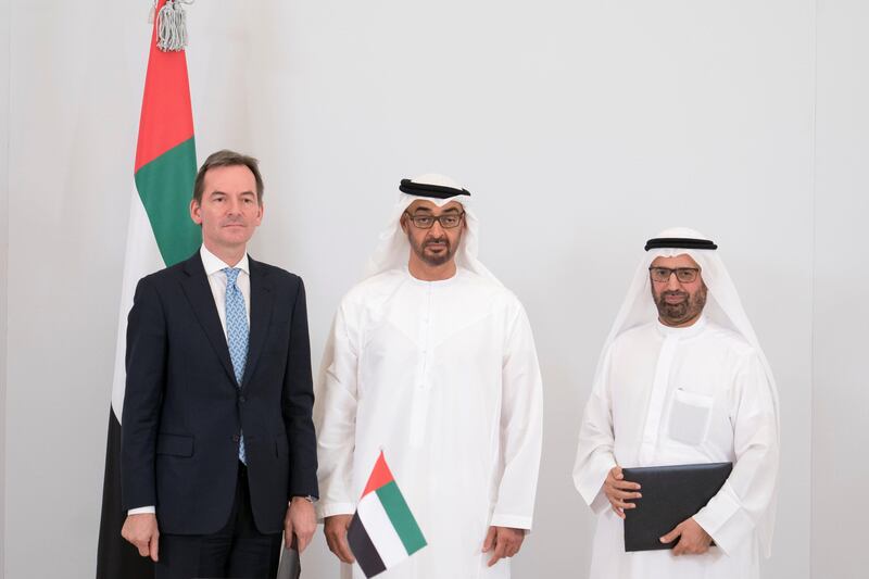 ABU DHABI, UNITED ARAB EMIRATES - October 23, 2017: HH Sheikh Mohamed bin Zayed Al Nahyan, Crown Prince of Abu Dhabi and Deputy Supreme Commander of the UAE Armed Forces (C), stands for a photograph after an MOU signing, during a Sea Palace barza. Seen on behalf of the department of Education and Knowledge? HE Dr Ali Rashid Al Nuaimi, Director General of Abu Dhabi Education Council and Abu Dhabi Executive Council Member (R), and on behalf of INSEAD, Dr Andreas Jacobs, Chairman of INSEAD (L).

( Hamad Al Kaabi / Crown Prince Court - Abu Dhabi )
—