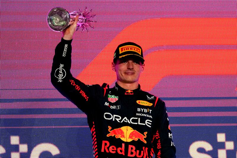 Max Verstappen celebrates after finishing second. AP