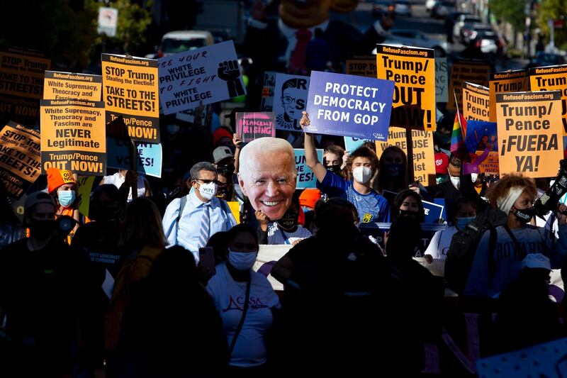 People march to demand every vote is counted as election results increasingly indicated Joe Biden was on the cusp of the US Presidency, near the White House in Washington on November 6, 2020. EPA