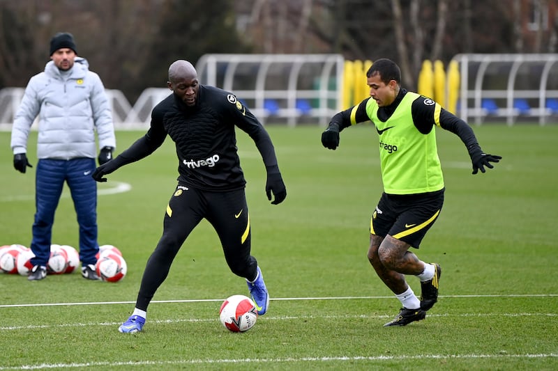 Romelu Lukaku and Kenedy of Chelsea during a training session at Chelsea Training Ground in Cobham, England. 
