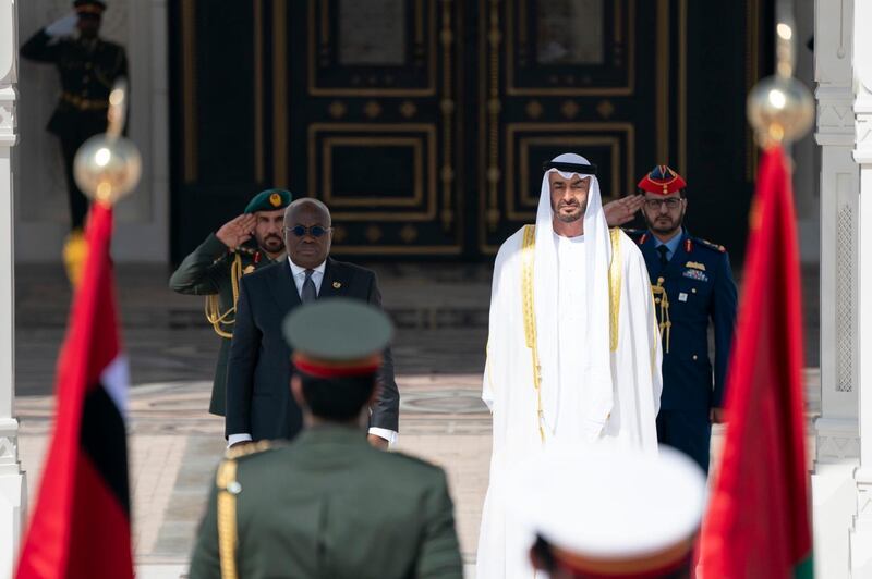 Sheikh Mohamed bin Zayed, Crown Prince of Abu Dhabi and Deputy Supreme Commander of the UAE Armed Forces, receives President Nana Akufo-Addo of Ghana with an official welcoming ceremony at Qasr Al Watan on Monday. Courtesy Ministry of Presidential Affairs