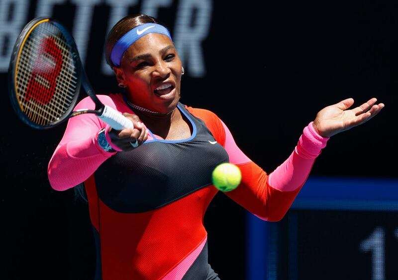 United States' Serena Williams makes a forehand return to Serbia's Nina Stojanovic during their second round match at the Australian Open tennis championship in Melbourne, Australia, Wednesday, Feb. 10, 2021.(AP Photo/Rick Rycroft)